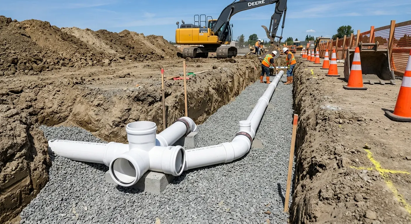 New PVC sewer pipe installation in open trench for Grease Trap Cleaning in Delanco