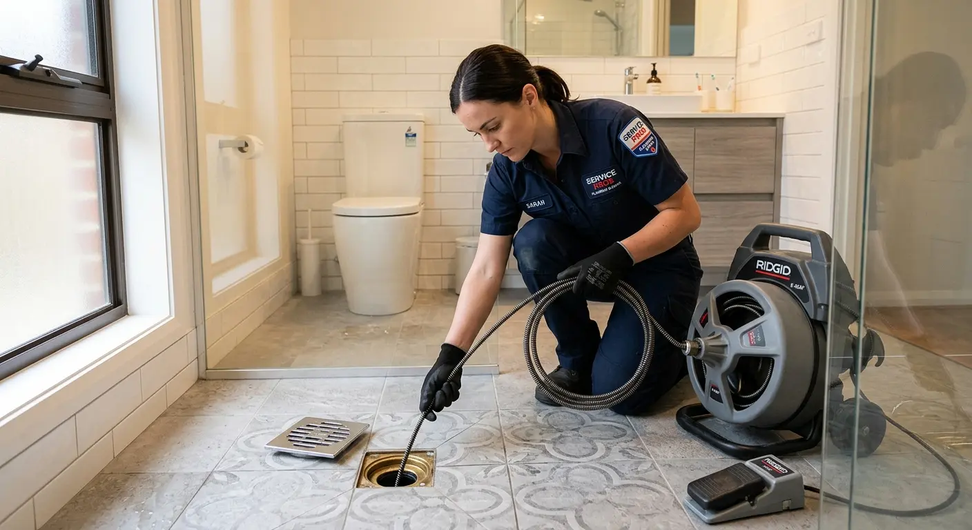 Technician clearing a bathroom floor drain for Sewer Line Replacement in Delanco